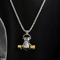 Men's silver steel dumbbell pendant necklace featuring a muscular hand with gold accents - With 60CM Chain / Gold & Silver