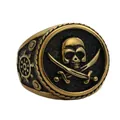 Vintage pirate skull and ship wheel ring in antique gold finish for men, punk style - US 7 / Gold