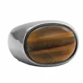 Macro shot of oval tiger eye stone inlay on a polished silver stainless steel ring band - US 7 / Silver Brown Stone Style