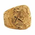 Anillo masónico dorado con escuadra, compás y símbolo G en estilo retro punk - Número 7 / Dorado