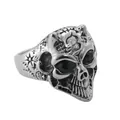 Retro punk style skull ring in stainless steel with black gemstones and dollar symbol - Silver Black Zirconia - Dollar Sign