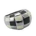 Retro punk titanium steel ring featuring a black and white checkerboard enamel design - US 6 / Silver