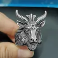 Close-up of gothic goat head ring with pentagram detail in vintage steel finish - Size 8 / Baphomet Goat Head Style (12Silver)