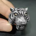 Macro detail of retro tiger head steel ring with yellow gemstone eyes and vintage texture - Size 8 / Yellow Eye Tiger Head Style (13) / Silver