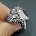 Detailed view of punk eagle head ring in vintage steel with striking red gemstone eyes - Size 8 / Red Eye Eagle Head Style (18Silver)