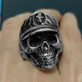 Macro view of vintage silver skull ring with officer hat and gothic punk relief detailing - Size 8 / Brimmed Hat Skull Style (24) / Silver