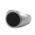 Macro shot of polished silver stainless steel signet ring with a round black resin inlay - Size 7 / Brushed Round Style