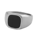 Detailed view of square black enamel inlay on brushed silver stainless steel signet ring - Size 7 / Brushed Square Style