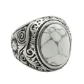 Vintage stainless steel ring featuring a large oval white turquoise stone with floral engraving - US 7 / Howlite