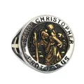 Macro detail of vintage Saint Christopher ring with embossed gold cross on stainless steel - US 7 / Two-tone (Gold & Silver)