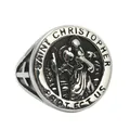 Macro shot of Saint Christopher relief and cross detail on vintage steel ring - US 7 / Silver