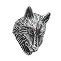 Macro detail of punk wolf head ring with vintage textured fur and red crystal eyes - US 7 / Silver (Red Eyes)