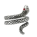 Macro shot of retro stainless steel snake ring with scale texture and red crystal eye - Size 7 / Vintage Steel Red Eyes