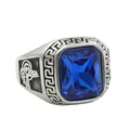 Macro detail of retro men's punk ring with blue rectangle stone and Egyptian pattern - US 7 / Silver With Blue Stone