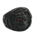 Detail of matte black lion head ring with striking red gemstone eyes for men - US 7 / Black Red Eyes