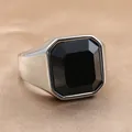 Macro view of men's vintage stainless steel ring with rectangular black gemstone inlay - Size 7 / Polished Silver Black Gemstone Style