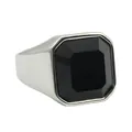Macro detail of men's vintage steel ring featuring a large black octagonal gemstone - Premium Polished Silver Black Gemstone Style