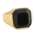 Vintage punk titanium steel ring for men featuring a large octagonal black gemstone - Premium Polished Gold Black Gemstone Style