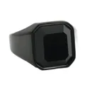 Detailed view of men's vintage black stainless steel signet ring with emerald-cut onyx stone - Premium Matte Black Black Gemstone Style