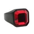 Macro view of a large emerald-cut red gemstone set in a matte black stainless steel ring - Size 7 / Premium Matte Black Red Gemstone Style