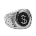 Retro punk stainless steel ring with black oval dollar sign motif and engraved leaf sides - US 8 / Silver