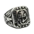 Vintage stainless steel USN anchor ring with eagle relief and military star details - US 8 / Silver