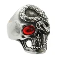 Retro punk ring van titaniumstaal met schedel, slang en rood edelsteen-detail - US 7 / Zilver