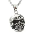 Punk style silver skull pendant necklace with mechanical details and square link chain - Fashion Silver Black