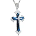 Three-layer 3D cross pendant necklace in silver and blue finish with box chain for men - Silver And Blue Two-Tone Cross Wing Style / Blue