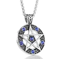 Close-up of vintage silver pentagram pendant with blue rhinestones and Celtic patterns - Blue Zirconia Pendant Only (Without Chain)