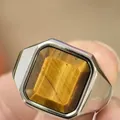 Polished silver stainless steel ring for men featuring a square tiger eye stone inlay - Silver With Tiger Eye Stone
