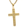 Gold cross pendant necklace with white crystals and geometric relief on round box chain - Fashion Gold
