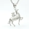 Silver horse rider pendant necklace with polished finish and square pearl chain - Horse and Rider Style / Fashion Silver