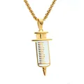Golden syringe pendant necklace with white enamel scale detail on a classic box chain - Fashionable Gold