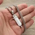 Polished silver syringe pendant necklace with durable box chain on a wood background - Fashionable Silver White