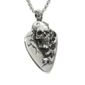 Silver skull guitar pick pendant necklace in punk rock style with pearl chain - Silver Black
