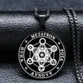 Collier pour hommes avec pendentif rond Cube de Métatron en acier inoxydable noir - Noir