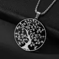 Collier avec pendentif Arbre de Vie en acier poli sur un fond en cuir noir de qualité - Argent