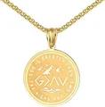 Detail of gold faith pendant engraved with God Is Greater Than The Highs And Lows quote - Gold