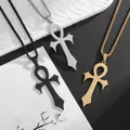 Three Ankh cross necklaces in gold, silver and black colors with box chains on display - Silver
