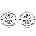 Detailed macro of stainless steel decision coins for parents with Daddy and Mummy turn engraving - Daddy and Mummy Turn Style (lucky1)