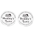 Detail of baby decision coins showing Daddy's and Mummy's Turn engraved on steel - Sleeping Baby Style (lucky5)