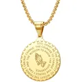 Gold round pendant necklace with praying hands engraving and Serenity Prayer for men - 01-Gold