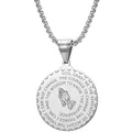 Silver stainless steel round pendant necklace with praying hands and Serenity Prayer - Silver