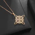 Golden stainless steel witch knot necklace with Celtic pendant on black leather box - Gold