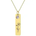 Close-up of gold-plated stainless steel bar necklace with purple gem and flower engraving - February - Violet