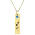 Detail of gold rectangular pendant with blue birthstone and minimalist flower engraving - March - Daffodil