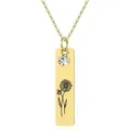 Detail showing gold rectangular necklace pendant with daisy engraving and small zircon stone - April - Daisy