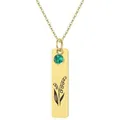 Detailed view of golden rectangle pendant with lily of the valley and green gem inlay - May - Lily of the Valley