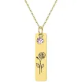 Detail view of gold rectangle necklace featuring pink crystal and rose flower engraving - June - Rose